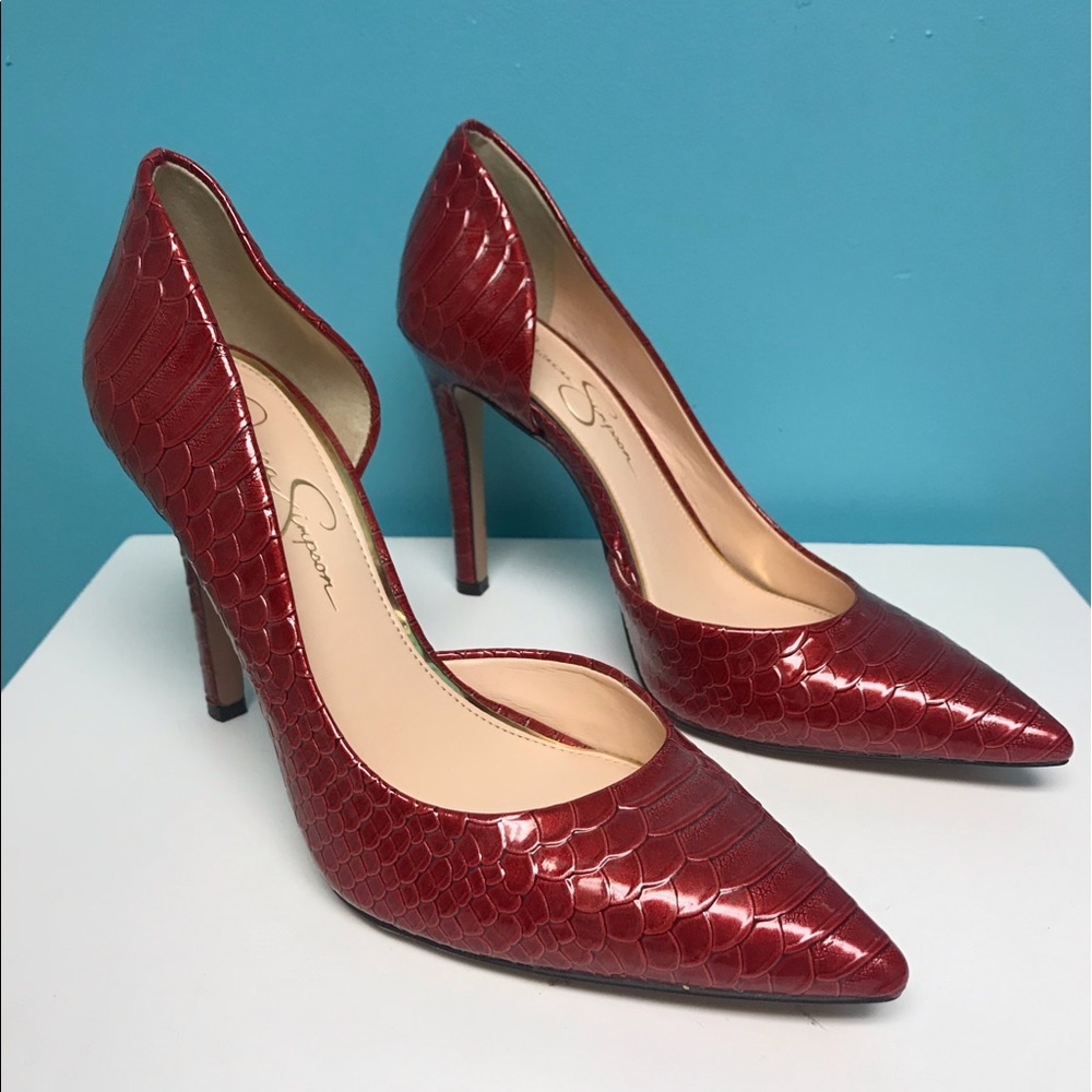 Red Jessica Simpson snake skin pointed toe heels